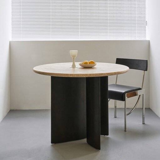 Boulanger Round Dining Table, Solid Wood & Travertine - Image 4