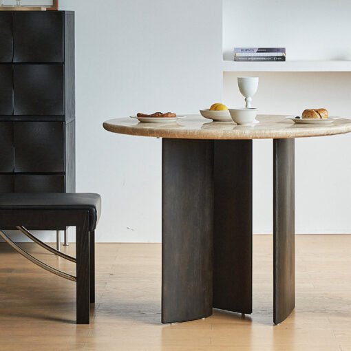 Boulanger Round Dining Table, Solid Wood & Travertine - Image 5