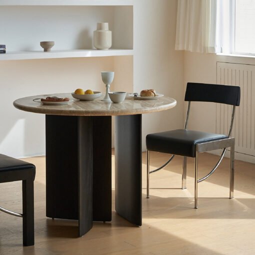 Boulanger Round Dining Table, Solid Wood & Travertine - Image 6