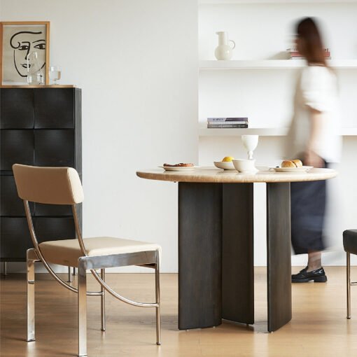 Boulanger Round Dining Table, Solid Wood & Travertine - Image 7