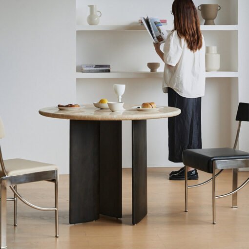 Boulanger Round Dining Table, Solid Wood & Travertine - Image 8